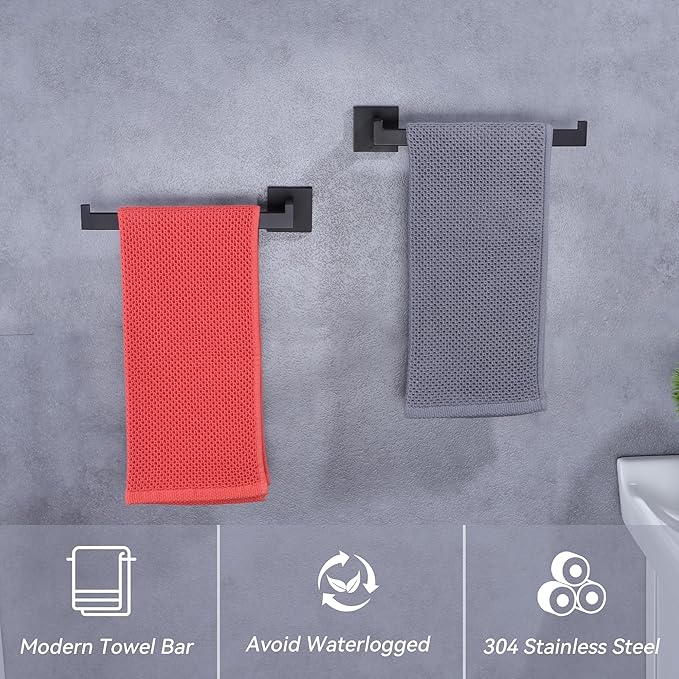 LANC Bathroom Hand Towel Holder 10 Inch Matte Black Hand Towel Bar 2 Pack Left and Right Side Square Towel Ring for Kitchen Toilet Wall Mount Stainless Steel Modern Towel Rack, A8806MB-LRP2