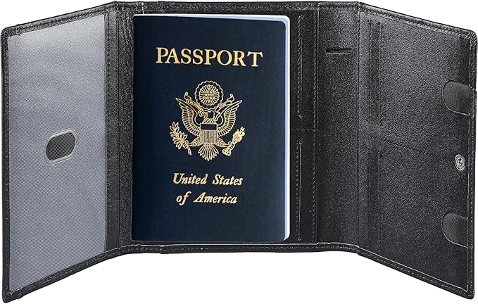 STAR VISTA Pilot Passport Wallet, Calfskin Leather Trifold Travel Documents Organizer, RFID Blocking, Dual ID Windows, Multiple Card Slots, AirTag Slot, Black