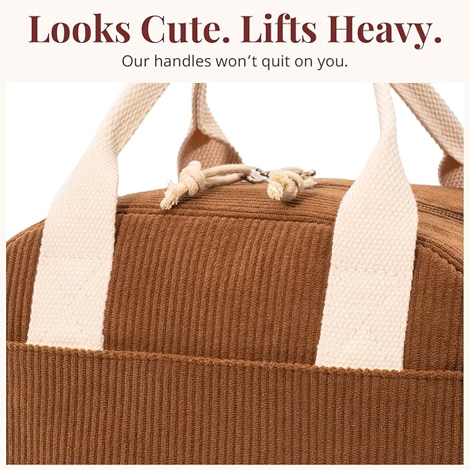 LOVELYWIND Insulated Brown Sugar Lunch Bag for Women, Stylish Corduroy Tote with Aluminum Lining, Large Capacity Reusable Cooler for Work, Travel, or Beach, Beige Cream Water-Resistant Lunch Box