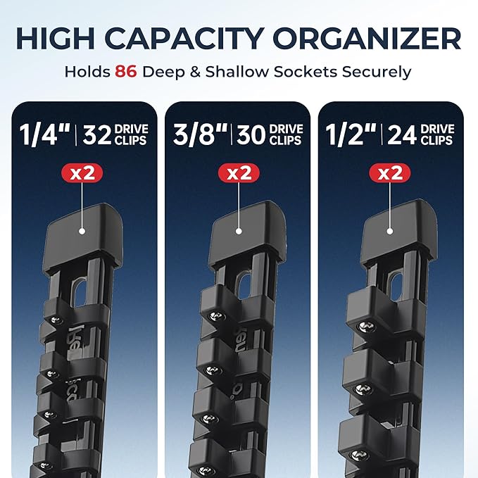 6-Piece Socket Organizer Set - 1/4-Inch x 32 Clips, 3/8-Inch x 30 Clips, 1/2-Inch x 24 Clips, Heavy Duty ABS Socket Holder, Premium Quality Socket Clip Rail Holder for Tool Box Drawer