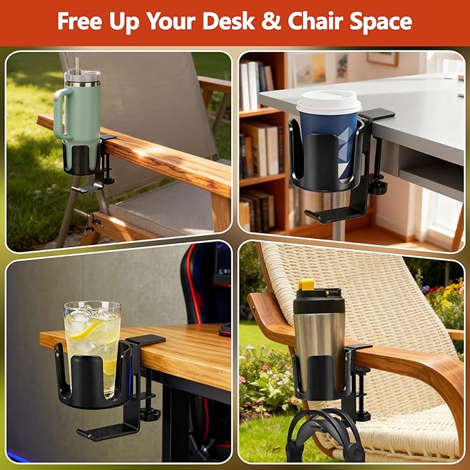 Desk Cup Holder Clamp with Headset Hook, Anti-Spill Water Bottle Stand Clip On Table Edge or Chair Armrests, Office Accessories for Coffee Drink Mug Bottles
