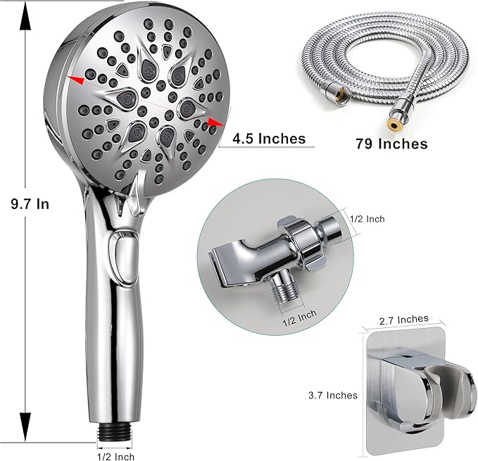 GwernKB Handheld Shower Head with on off Switch&Built-in Power Spray,7-Setting High Pressure Spray Shower Wand with 79in Long Hose&Bracket and Extra Adhesive Shower Holder for Lower Mount,Chrome