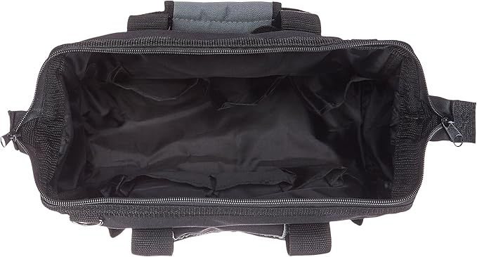 Amazon Basics Durable Wear-Resistant Tool Storage Bag with Adjustable Shoulder Strap, Portable Tool Organizer, 16 Pockets, 12 in, Black & Gray