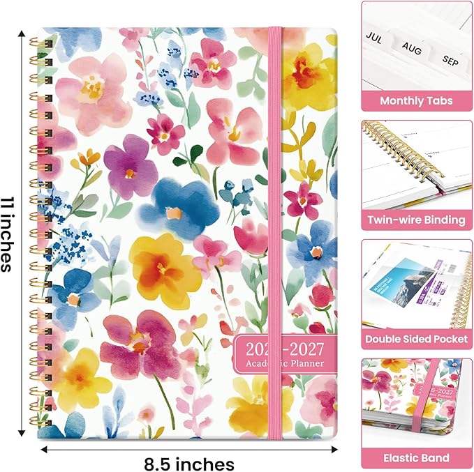 Planner 2026-2027, Academic Year Monthly and Weekly Calendar Planner, Jul 2026 - Jun 2027, Hardcover Teacher Student Planning Agenda book with Tabs, Perfect for School Office Supplies, 8.5" x 11" - Bloom Floral