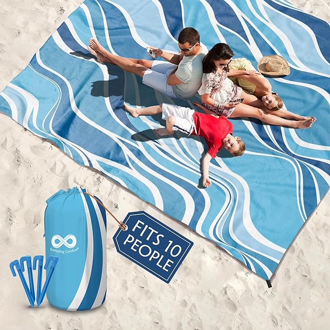 Everlasting Comfort Large Beach Blanket Waterproof & Sandproof - 128” x 108” /10.7ft x 9ft - Lightweight Picnic Mat, Camping Necessities for 10 People - Accessories for Outdoor Festivals - Blue