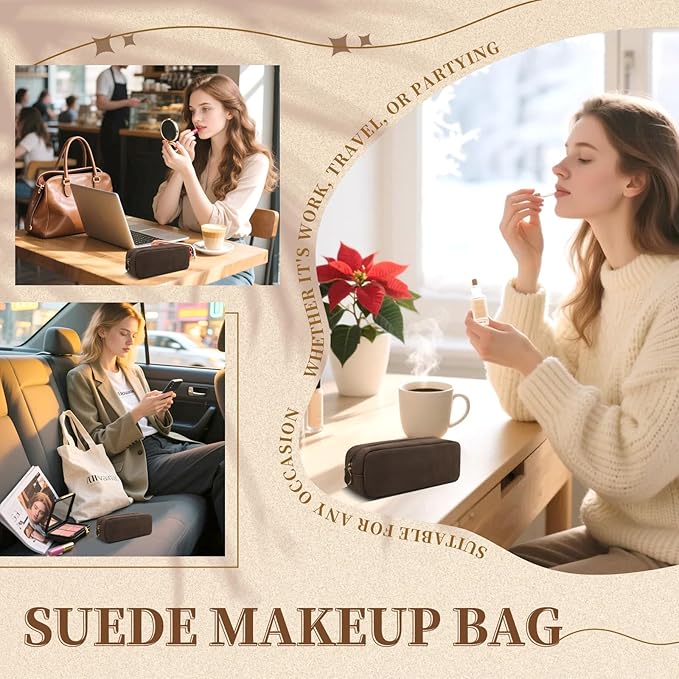 Waterproof Small Makeup Bag for Purse, Cute Pouch Preppy Suede Makeup Brush Holder with Zipper, Girls Teens Portable Storage Case Small Travel Toiletry Bag for Office (Slim-Coffee)