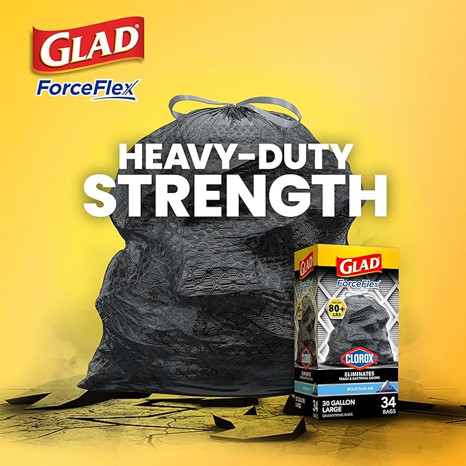 Glad ForceFlex Heavy Duty Trash Bags With Clorox, Mountain Air, 30 Gal (Package May Vary) 50 Count (Pack of 3)