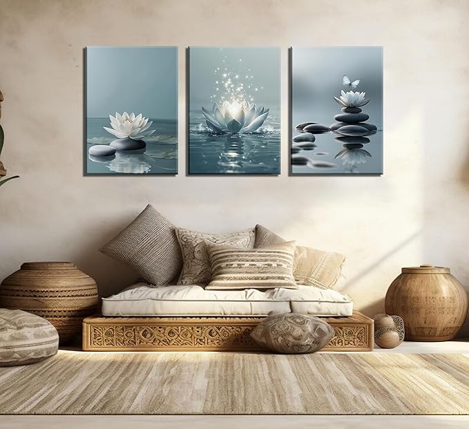 3Pcs Zen Stones Lotus Spa Canvas Wall Art White Lotus Blooming on Stones Painting Picture Wall Decor Modern Spiritual Poster Print Artwork for Yoga Meditation Spiritual Room Bathroom Home Decoration