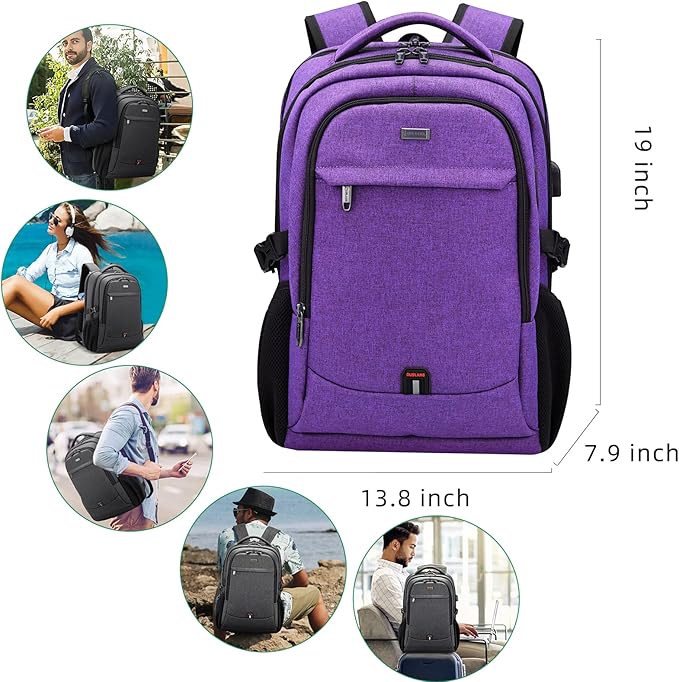 DUSLANG 17 Inch Laptop Backpack for Travel, Water Resistant College Backpack for Women, Laptop Bag with USB Charging Port, Work Backpack, Purple