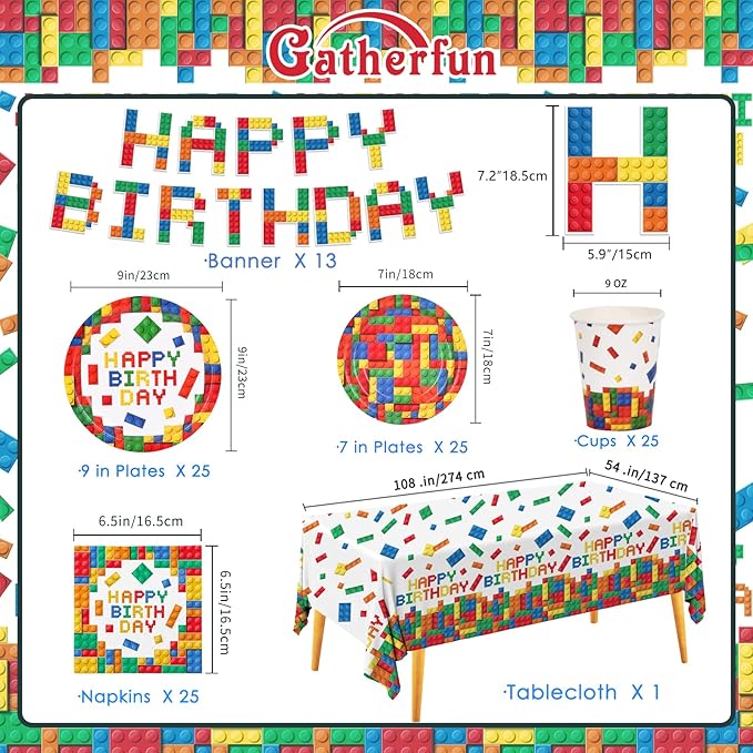 Building Block Party Supplies Paper Plates Napkins Cups Tablecloth Banner for Colorful Building Block Birthday Party Decorations for Boys, Kid’s Birthday Party Decorations Serve 25
