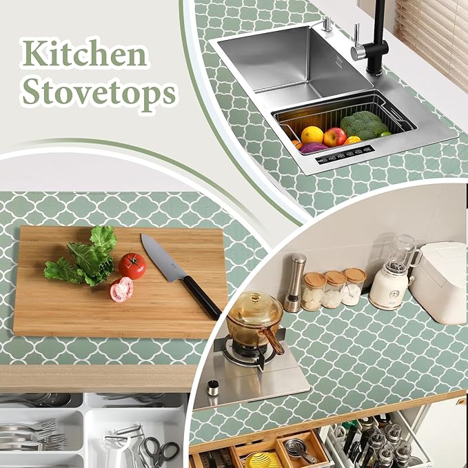 Shelf Liners for Kitchen Cabinets Non Adhesive Drawer Liner 23.6in x 30FT Light Green Quatrefoil Thickened Shelf Liner Strong Non-Slip Easy to Clean Tool Box Refrigerator with Knife and Tape Measure