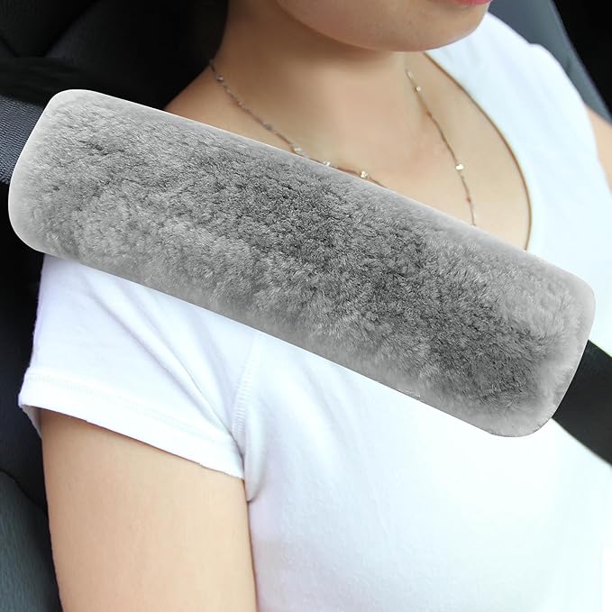 Amooca Authentic Sheepskin Seatbelt Cover Real Wool Car Truck SUV Airplane Seat Belt Shoulder Pad for Camera Backpack Straps Neck Cushion Protector 2 Pack Light Grey