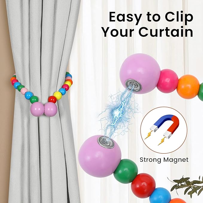 KLOGTSIND Magnetic Curtain Tiebacks, Curtain Tie Backs for Curtains 6 Pack, Wood Bead Curtain Tiebacks, Curtain Holders for Boho Bedroom Decor, Baby Nursery Decor, Farmhouse Décor