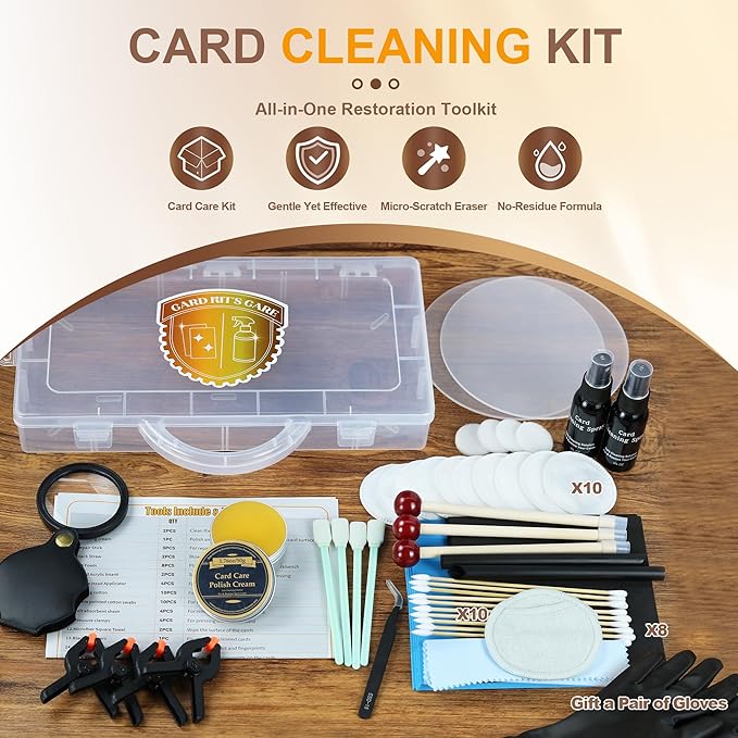 17-in-1 Card Cleaning Kit, Card Care Polishing Restoration with Plastic Case, Trading Card Cleaning with Polishing Cream and Cleaning Spray, Suitable for PSA Rated Card Care & Flatten Edges (12.2")
