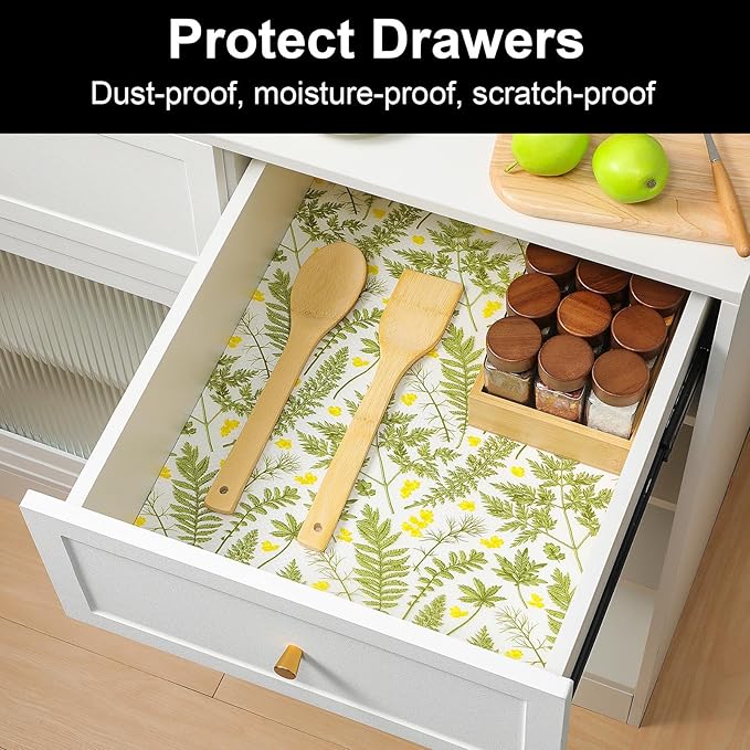 Cooyes Botanical Shelf Liner for Kitchen Cabinets Refrigerator Liners Waterproof & Oil-Proof Kitchen Cupboard Liner Drawer Mats EVA Material Non Adhesive Fridge Liner for Shelves（11.8" W x 236" L）