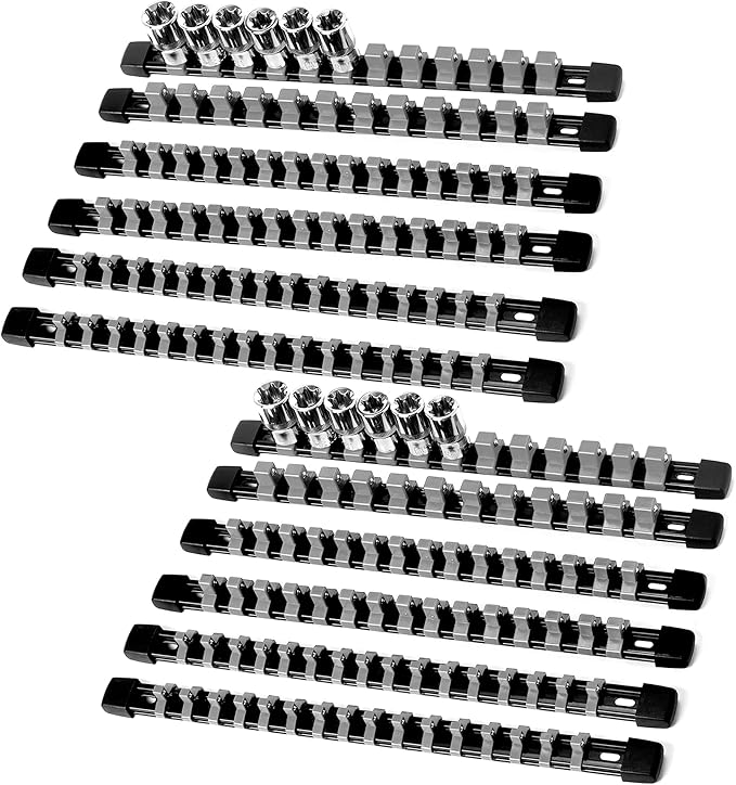 12-Piece Socket Organizer Set - 1/4-Inch x 64 Clips, 3/8-Inch x 60 Clips, 1/2-Inch x 48 Clips, Heavy Duty ABS Socket Holder, Premium Quality Socket Clip Rail Holder for Tool Box Drawer