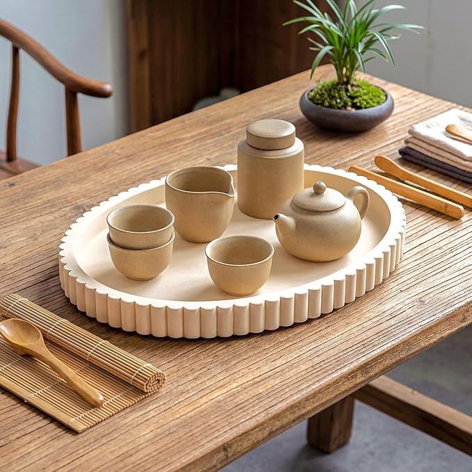 Oval Concrete Decorative Tray for Coffee Table Decoration 15" Modern Cream White Table Centerpieces Decorative Ottoman Tray for Serve Home Decoration Accent Bandejas Decorativas Gift