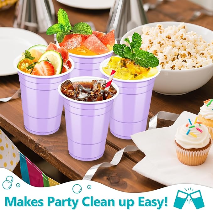 LANLISA 100 Lavender Plastic Cups, 16 oz Disposable Cups, Drinking Cups For Party Supplies