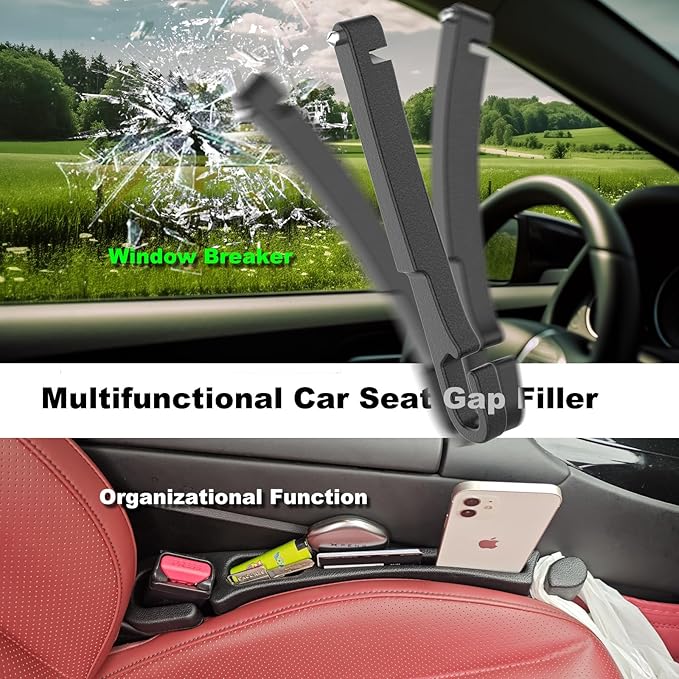 Universal Car Seat Gap Filler 2 pack with Organizer Hook & Emergency Glass Breaker Prevent Small Items & Tools from Falling Ultimate Seat Side Gap Stopper for All Vehicles, Trucks & SUVs