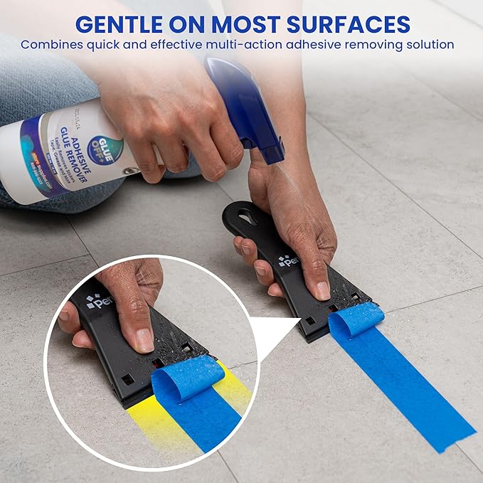 Perco Glue Off Adhesive Remover - 10 fl. oz with Scraper & Plastic Razor | Glue Remover Spray Effortlessly Erase Adhesive Hassles & Car Stickers - for Label Sticker Residue