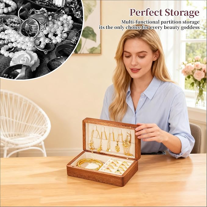 Travel Jewelry Case Small Wood Jewelry Organizer Jewelry Box for Women (Nut-Brown Print G)