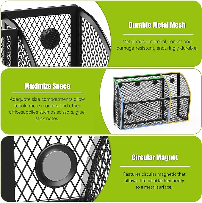 YINGHUA Magnetic Desk Organizer - 3 Compartment Metal Mesh Pen Holder for Locker, Whiteboard, Refrigerator, Office - Black Caddy