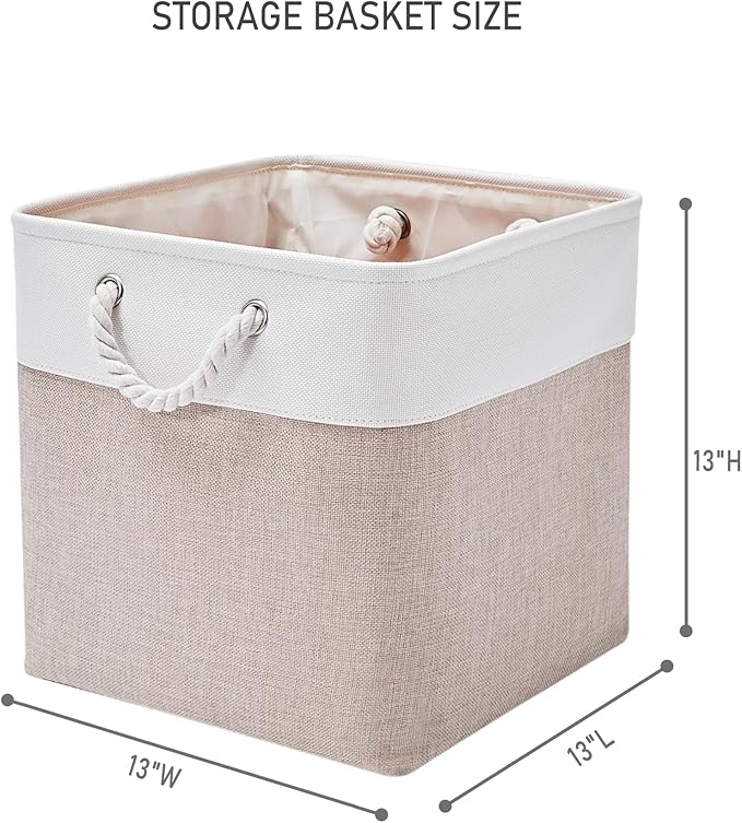 ISEMINGLA 13 x 13 Inch Storage Cubes，6 Pack Cube Storage Bins for Shelves，Fabric Collapsible Storage Bins with Handles, Foldable Storage Basket for Organizing Clothes, Toys, Books (White&Beige)