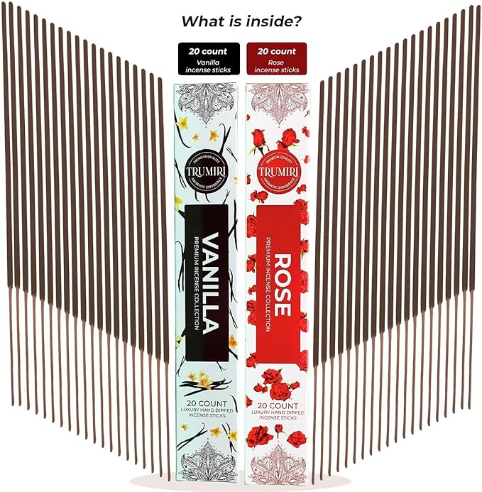 Trumiri Incense Sticks - Combo Pack of 40 Insence-Sticks - 20 Vanilla + 20 Rose - Insenses - Insents - Incents - Inscense - Incence - Incienso - All Natural Incense Sticks