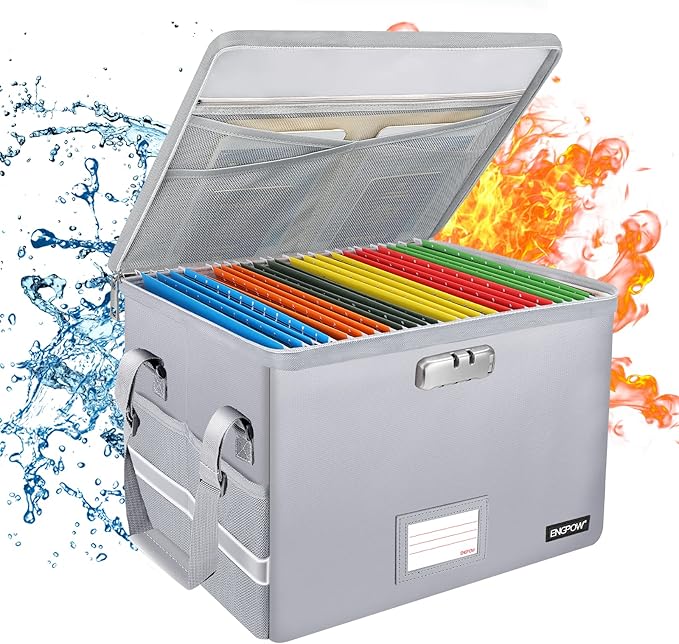 ENGPOW File Box with Lock, Fireproof Document Box with Zipper & Pockets, Collapsible File Organizer Filing Storage Cabinet with Handle, Portable Home Office Safe for Hanging Letter/Legal Folder, Silver