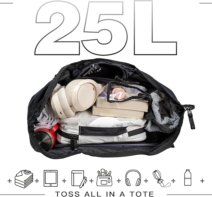 Foldable Lightweight Travel Duffel Tote Bag, Nylon and Polyester Packable Totes with Zipper, 23-28L Collapsible Compact Large for Women and Men, Black