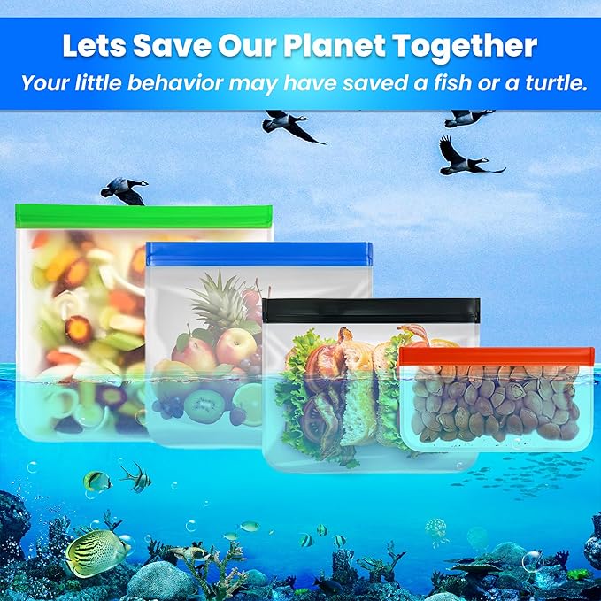 10-Pack Reusable Silicone Food Storage Bags – BPA-Free, Leakproof Ziplock Set | Includes 3 Snack, 4 Sandwich & 3 Gallon Sizes | Eco-Friendly & Freezer-Safe for Meal Prep & Food Storage