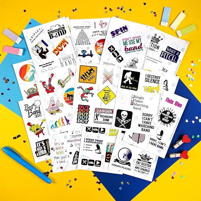 BulbaCraft 100Pcs Marching Band Stickers and Laptop Decals - Drummer Gifts, Marching Band Stuff, Gifts for Women & Men