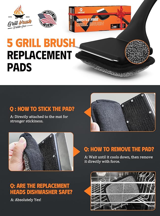 MEKER Grill Brush Bristle Replacement Pad, Ultra Safe Cleaning, Grill Cleaner Pad, Grill Brush Replacement Pad, 4 PCS