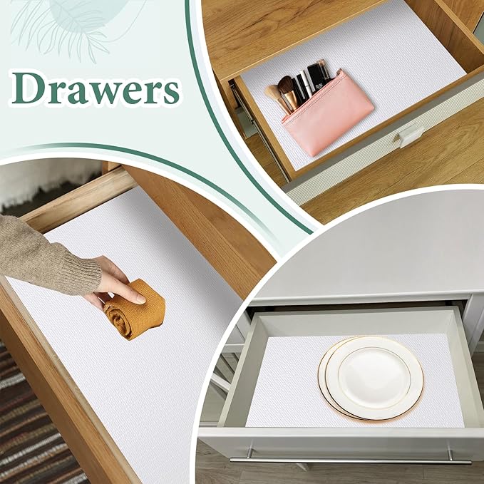 Drawer and Shelf Liner for Kitchen Cabinet: 12 in X 20 Ft Non-Slip Waterproof Shelf Paper, Non-Adhesive Refrigerator Liners, White Easy Liners for Bathroom Cupboard with Knife Tape Measure