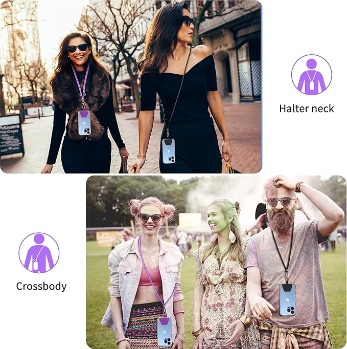 CACOE Phone Lanyard 2 PCS-2 PCS Adjustable Neck Strap,4 PCS Patches,Universal Crossbody Multifuctional Cell Phone Lanyards Compatible with Most Smartphones(Black+Dark Purple)
