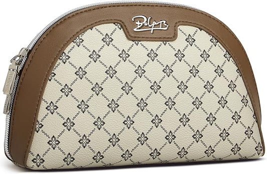 BOYATU Small Travel Makeup Bag for Women: Elegant Vegan Leather Cosmetic Pouch for Purse - Waterproof Toiletry Bag with Mirror(011-Light Brown)