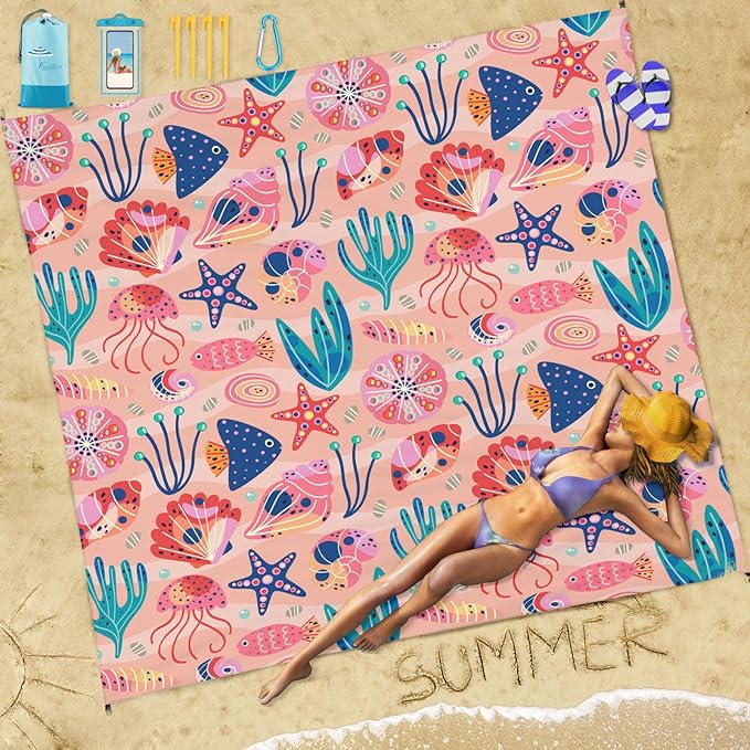 Famstar Beach Blanket Sandproof Waterproof 78''×81''1-5Adults Oversized,Compact Lightweight Durable Beach Mat for Travel Camping Hiking Picnic Blanket