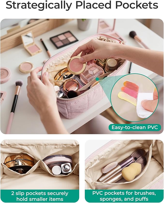 BAGSMART Makeup Bag Travel Toiletry Bag, Puffy Padded Makeup Bags for Women Makeup Organizer Case, Wide-open Pouch Purse Travel Essentials Toiletries Accessories Brushes, Chocolate