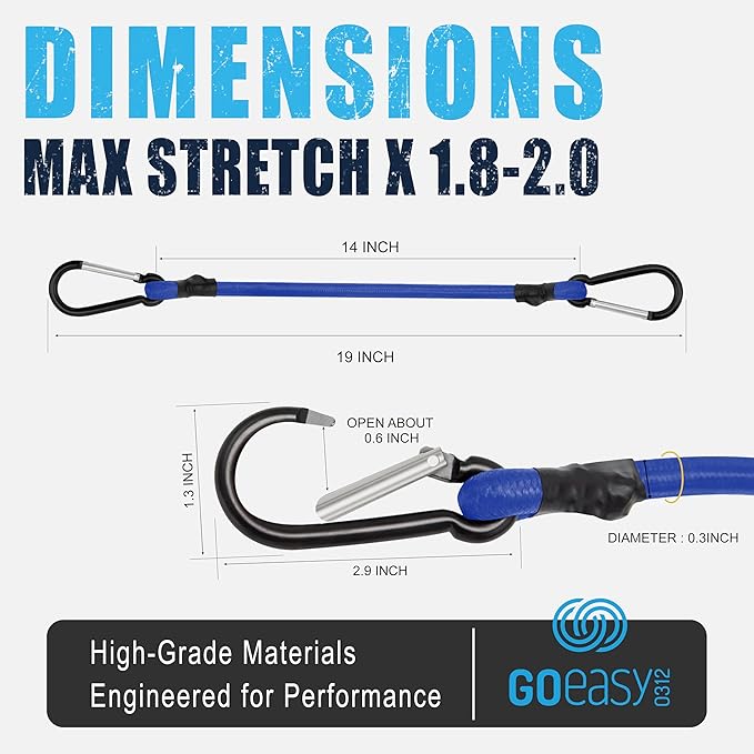 GOEASY0312 Carabiner Bungee Cords with Hooks Heavy Duty - 18" Elastic Bungee Cords with Carabiner Hooks 200 LBS Max Break Strength, UV Resistant for Camping, Tarps, Bike Rack, Tent, Car - 4pcs (Blue)