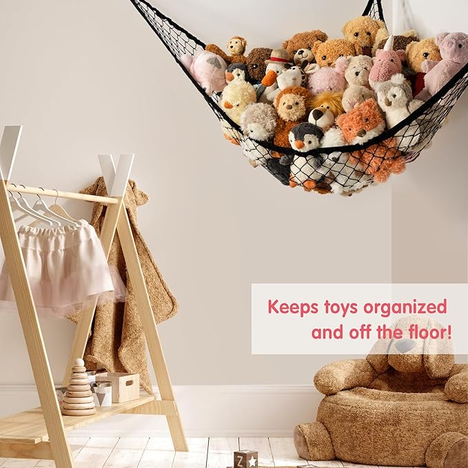 Stuffed Animal Storage Hammock Net Corner - Large Toy Hammock Net for Stuffed Animals Room Decor - Cute Stuff Animal Organizer Holder for Plush Plushie - Kids Baby Nursery Wall Bedroom Home Decor