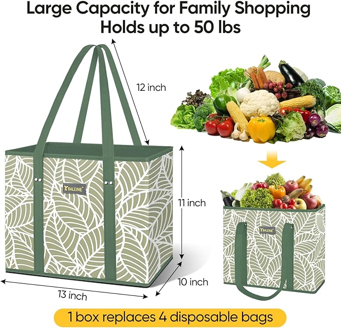 BALEINE 1-Pack Reusable Grocery Bags, Foldable Shopping Bags for Groceries with Reinforced Bottom & Handles (Antique Foliage)
