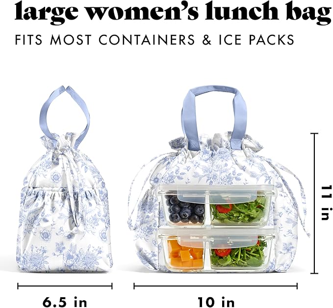 Fit & Fresh Cromwell Drawstring Lunch Bag for Women, Complete Lunch Set with 2 Containers, Stain-Resistant, Leak-Resistant, Back to School Essential, Teacher Lunchbox, Cornflower Floral Toile