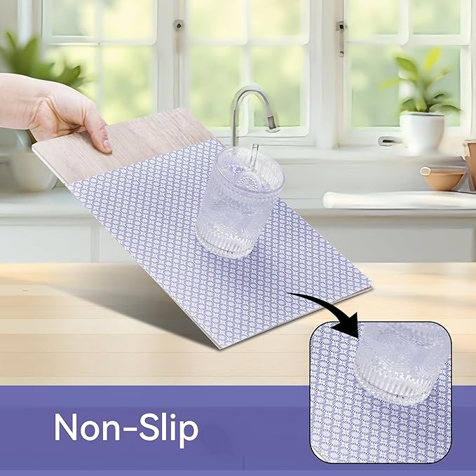 FIFTY FEET 12"x120" Non-Adhesive Shelf Liner for Kitchen Cabinets and Drawers, Washable Non-Slip PVC Cabinet Liner (Blue Circle) (7 Rolls)