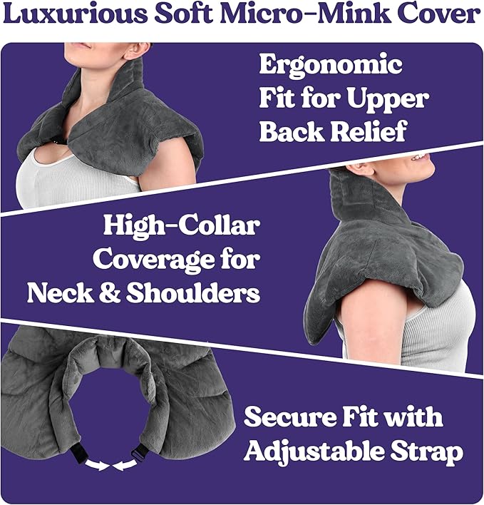 Microwavable Heating Pad for Neck, Shoulders, and Back by Joy & Grace | 5 Lb Weighted Neck & Shoulder Wrap | Moist Heat Therapy Pack for Relaxation and Comfort | Soft Micro-Mink Cover | Unscented Gray