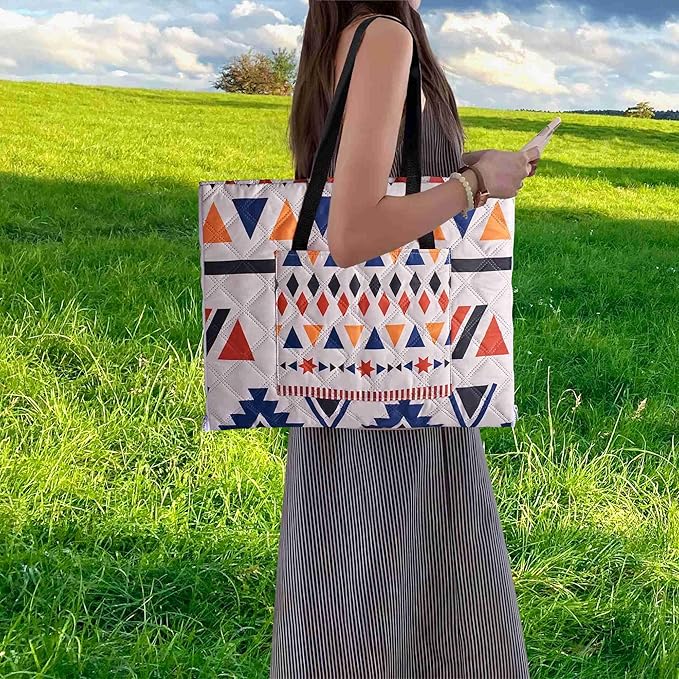 Outdoor Packable Picnic Blanket with Zipper Folds into Tote Bag with Large Storage and Shoulder Strap, Waterproof Sandproof for Lawn Beach Hiking Camping (colorful1, Large)