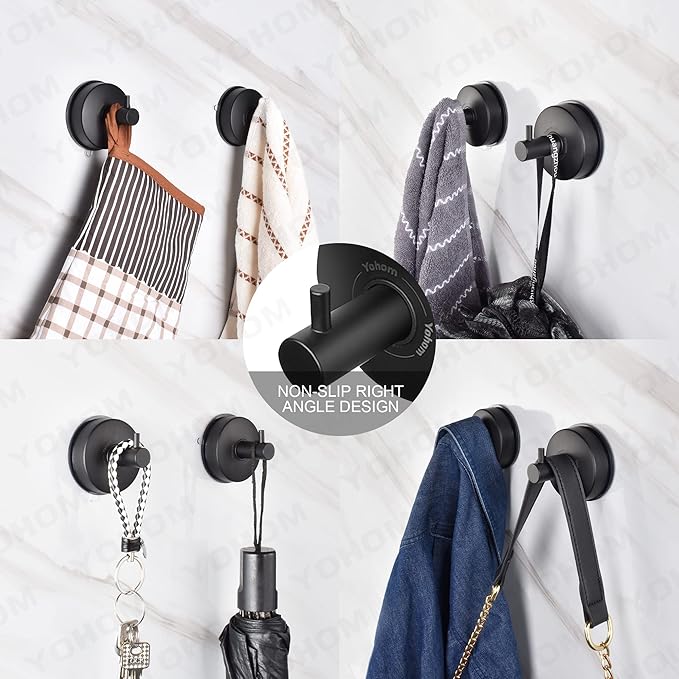 YOHOM Suction Cup Hooks Shower Towel Holder Stainless Steel Vacuum Bathroom Shower Hook Suction Towel Rack Kitchen Organizer for Bathrobe Loofah Matte Black 4Pcs