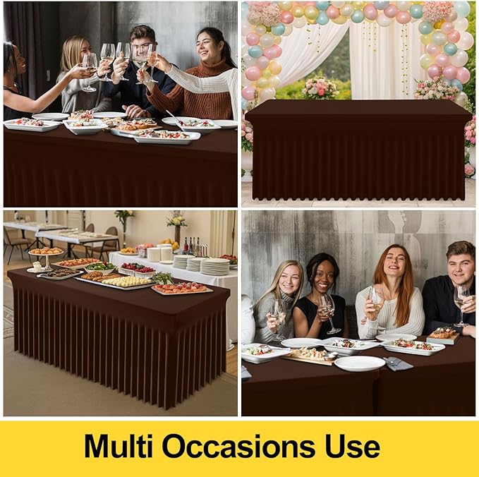Smiry Spandex Tablecloth 2 Pack, Elastic Fitted Stretch Tablecloth for 8FT Rectangle Tables, Waterproof Washable Table Cover Skirt for Wedding, Banquet & Parties (Coffee, 96Lx30Wx30H Inch)