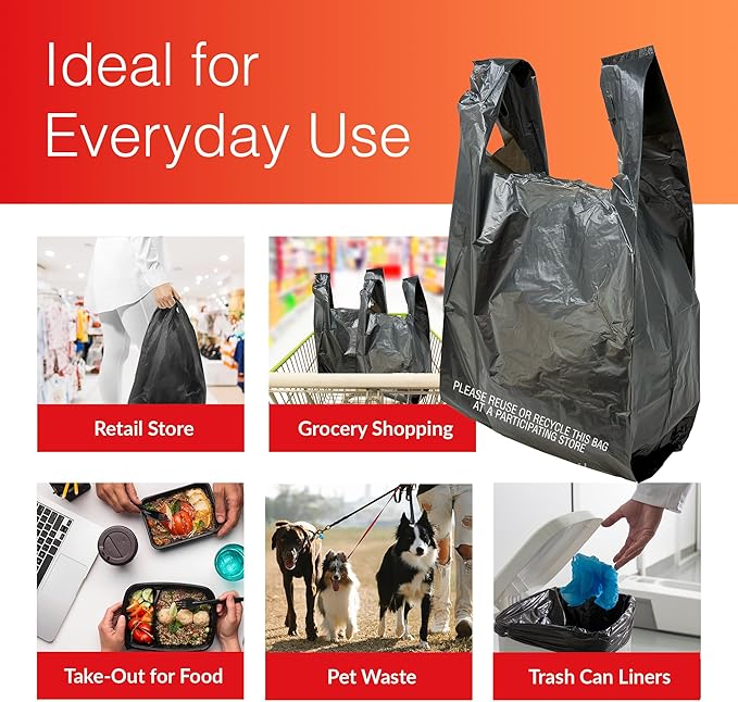Reli. T-shirt Bags (300 Count) (Black) (11.5" x 6.5" x 21") - Black Plastic Bags (Plain) - Grocery, Shopping, Restaurants