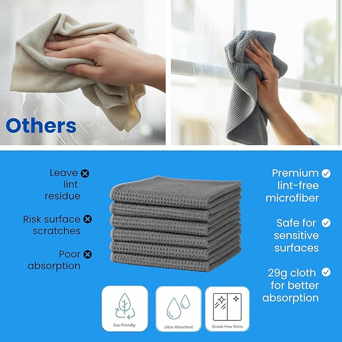 Waffle Weave Microfiber Cloths - 12 x 12 inches - Lint Free Cloth, Streak-Free Absorbent Microfiber Glasses Cleaning Cloth, Screens, Dusting & Appliances - 12 Pack Premium Cloth Wipes