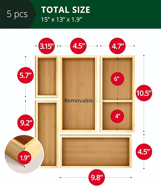 ROYAL CRAFT WOOD 5-Piece Bamboo Drawer Organizer Set – Multi-Use Storage Trays for Kitchen, Bathroom, Office, Makeup, Jewelry & More – Junk Drawer Tray, Utensil Holder, Storage Box & Bin Set (5 Boxes)